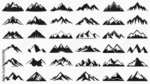 Tableau sur toile Mountain silhouette icons a collection of forty black vector shapes on a white b