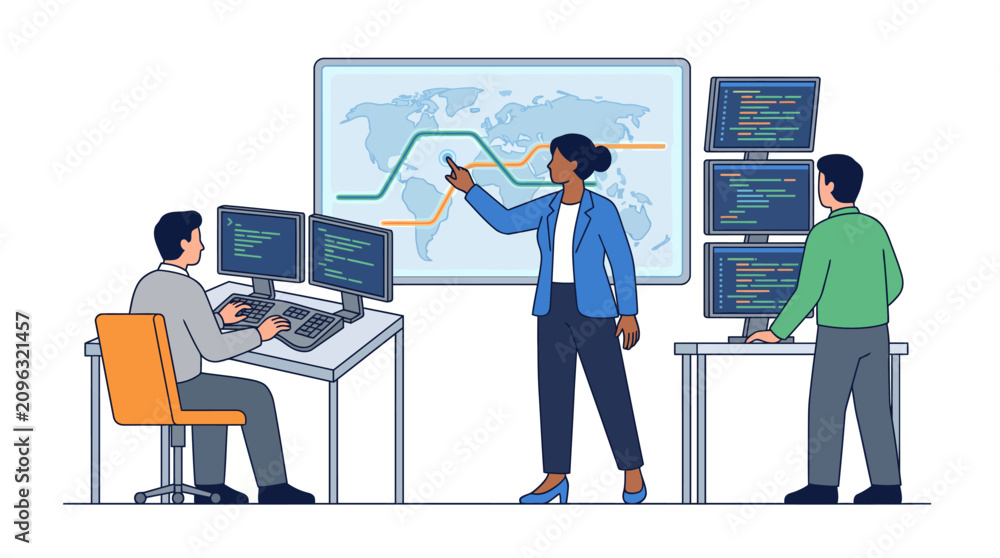 Fototapeta premium Software developers collaborate in an office environment to analyze complex data sets and monitor global network performance.