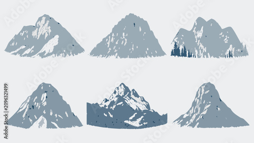 Obraz na płótnie Engraved mountain range illustration set blue gray tones on a white background a