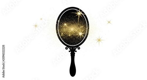 Magic hand mirror with golden glitter sparkles on a white background