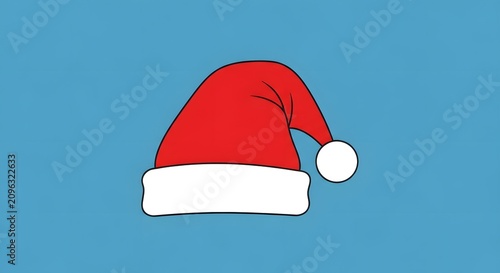 Santa hat with red fabric and white pompom on blue background