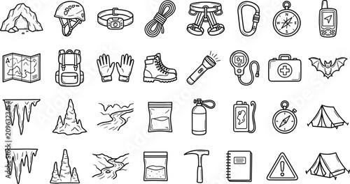 фотографія Caving and speleology line icons vector set with cave exploration mountaineering