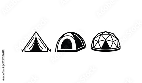 Minimalist black and white illustration of three different tent styles for camping and outdoor adventures