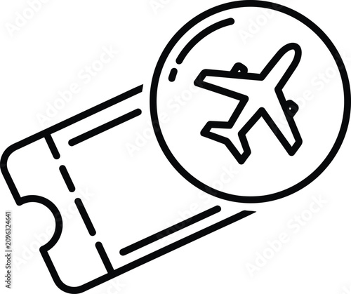 Minimalist Airplane Ticket Icon Within Transparent Soap Bubble Monoline Outline for Travel Booking and Holiday Vacation Trip Services