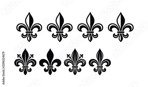 Elegant black fleur de lis symbols in symmetrical arrangement, vintage heraldic design, royalty free vector illustration