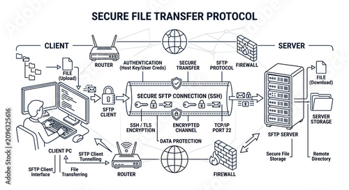 Tableau sur toile Network diagram showing secure file transfer protocol implementation between cli