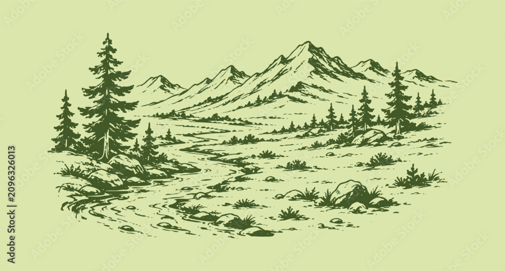 Fototapeta premium Mountain forest landscape sketch vector illustration with green hand drawn pine trees and wilderness scenery