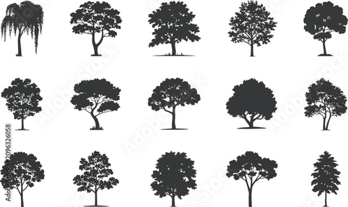 Realistic tree silhouette collection featuring diverse woodland species isolated on white background for landscape, botanical, nature, and vector design