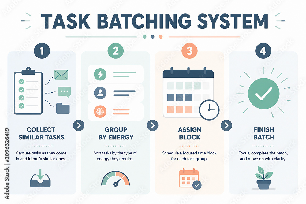 Obraz premium An infographic illustrates a four-step task batching system for organizing and completing work.