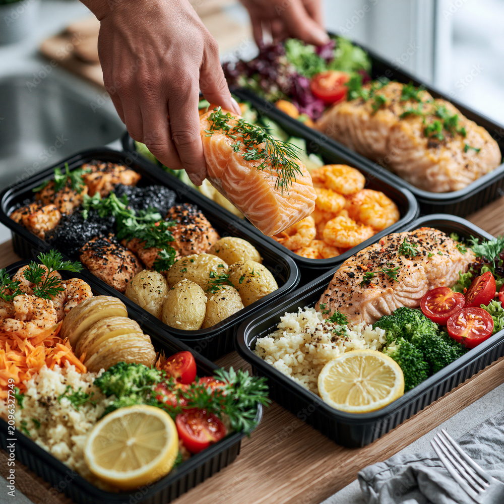 Obraz premium <Vibrant Healthy Meal Prep with Salmon and Shrimp: Balanced Diet with Fresh Vegetables and Gourmet Presentation>