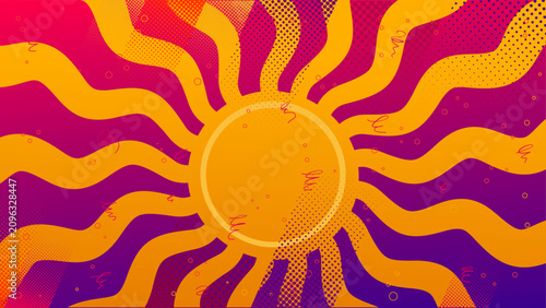 Vintage summer background with retro sun and wavy rays on purple