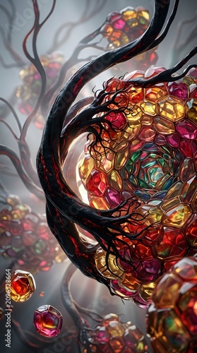 Abstract Colorful Organic Cells and Glass Hive With Dark Vines, Futuristic Biology Texture Art for Medical Technology, Science and Digital Design