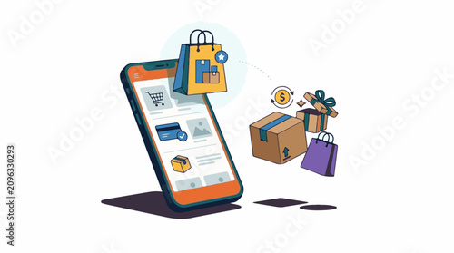A smartphone displays an online shopping page with icons of shopping bags boxes and money floating out of it