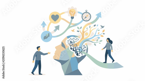 A stylized illustration of a head with a tree growing out of it surrounded by a man and woman