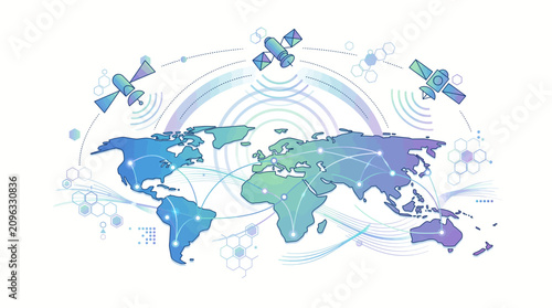 Global satellite network and world map.