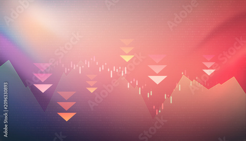 Tableau sur toile Financial Downturn Abstract: Abstract representation of a declining stock market with downward arrows and a fluctuating graph against a vibrant, gradient background