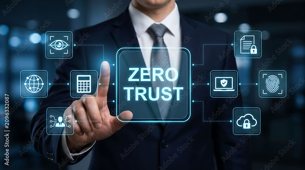Fototapeta premium Businessman holding virtual zero trust security meter dashboard network iconBusinessman holding virtual zero trust security meter dashboard network icon
