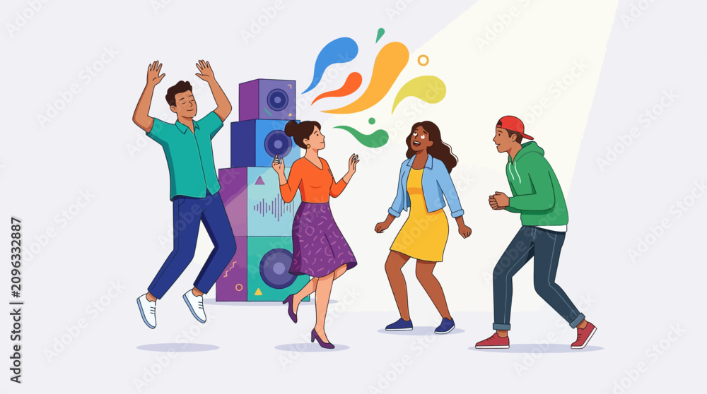 Fototapeta premium Diverse young people joyfully dance to vibrant music, celebrating together with colorful energy emanating from powerful speakers in a lively party atmosphere.