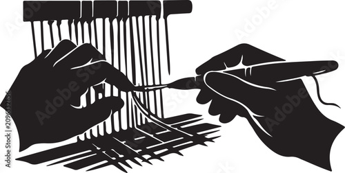 Obraz na płótnie thi is a highly detailed silhouette of an artist's hands carefully weaving intricate threads on a textile loom