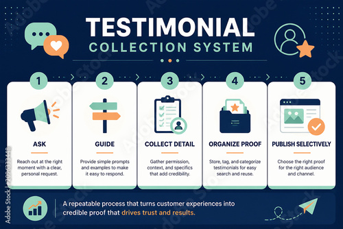 An infographic illustrates a five-step testimonial collection system process for building trust and results.