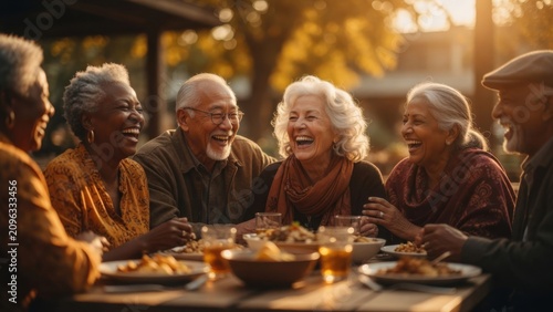 Diverse Senior Friends Laughing Together at Outdoor Dinner