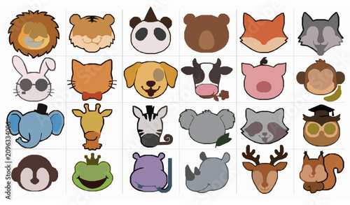 Photography Humorous Colorful Animal Face Vector Set with Cute Cartoon Wildlife Characters