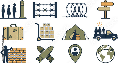 Картината върху платно Refugee crisis and migration icon set showing border control barbed wire refugee