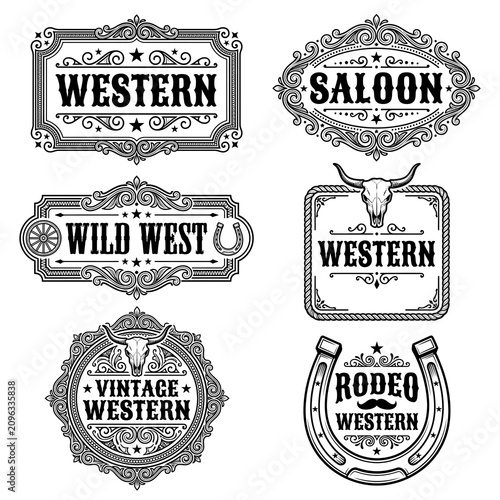A set of six vintage Wild West graphic labels featuring ornate borders, cowboy aesthetics, longhorn skulls, horseshoes, and rustic typography in a clean black-and-white style.
