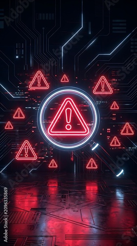 Neon warning symbols on dark circuit board background