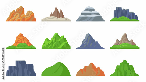 Obraz na plátně Stylized Mountain Icons With Green Base Vector Illustration Set