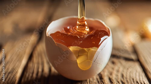 Golden honey being poured into a broken white eggshell on a wooden surface