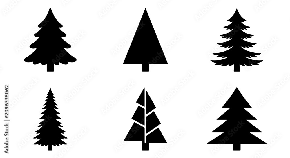 Obraz premium Six Black Silhouette Christmas Tree Icons, Vector Set. Festive Evergreen Pine and Fir Tree Graphics for Holiday Design, Winter Celebration Elements.