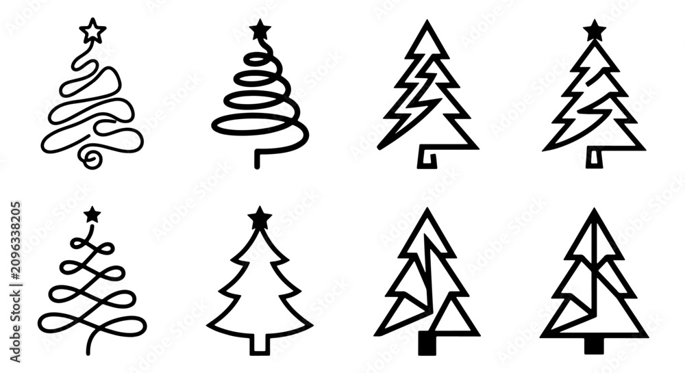 Fototapeta premium 70 Minimalist Christmas Tree Icons, Vector Set: Stylized Evergreen Holiday Symbols, Festive Line Art Decorations, Modern Geometric Designs for Seasonal Graphics 100