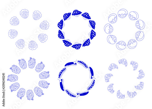 Quadro em tela Set of cute round frames with appetizing French croissants, cruffins, rolls, eclairs isolated on white background