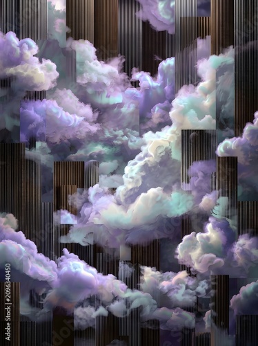 Dreamy Pastel Cloudscape Over Geometric Vertical Panels, Abstract Ethereal Skyscape With Soft Fog for Mobile Wallpaper and Modern Design