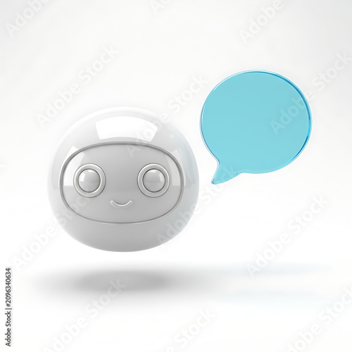 AI Chatbot Icon: A friendly, cartoon-style white robot with a speech bubble, representing artificial intelligence and communication technology, isolated on a clean backdrop.