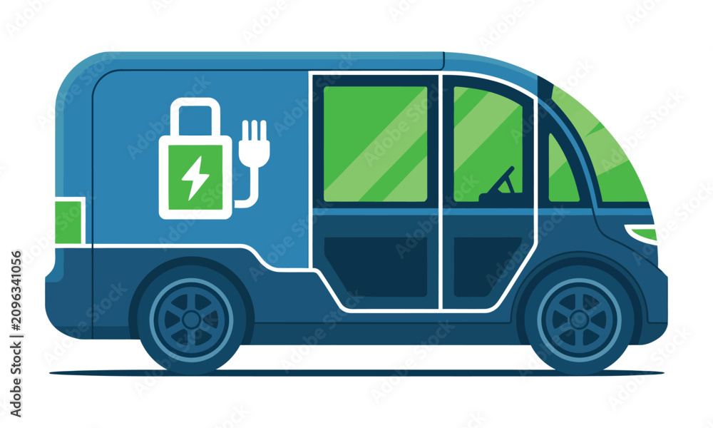 Fototapeta premium Electric food delivery van, eco friendly vehicle, blue transportation icon, food truck