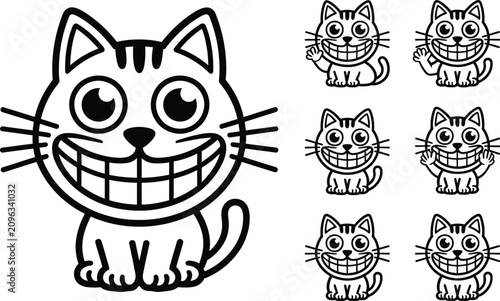 Canvastavla Collection of smiling cats with wide toothy grins in cartoon outline grinning ch