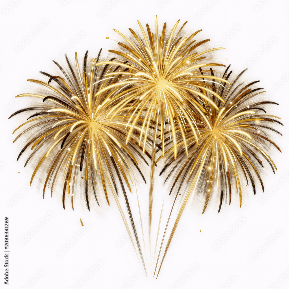 Naklejka premium Sketch Collage Celebration. Golden Firework Texture Illustration With Thin Stroke Lines On White Background, Ideal For A Wide Panorama Design Overlay Montage Collage To Celebrate Happy New Year