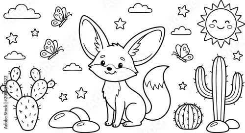 Photos Cute Fennec Fox Coloring Page Page for Kids Featuring Happy Cartoon Desert Anima