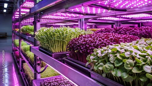Vibrant plants growing under purple led lights in a modern indoor farm