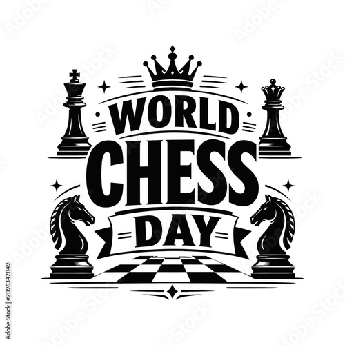 Bild auf Leinwand World Chess Day Retro Typography Design with Cartoon Chess Pieces and Comic Styl