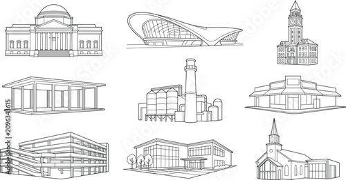 Fotografie Architectural building styles vector line icons set featuring commercial civic a