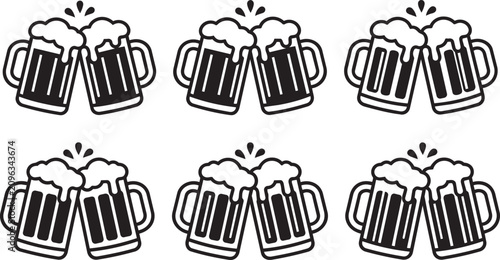 Six pairs of frothy beer mugs clinking together in a celebratory toast against a white background representing good times and social gatherings