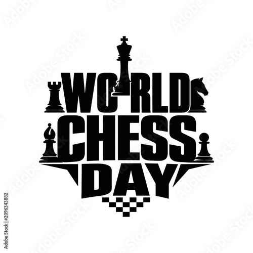 Foto World Chess Day Retro Typography Design with Cartoon Chess Pieces and Comic Styl