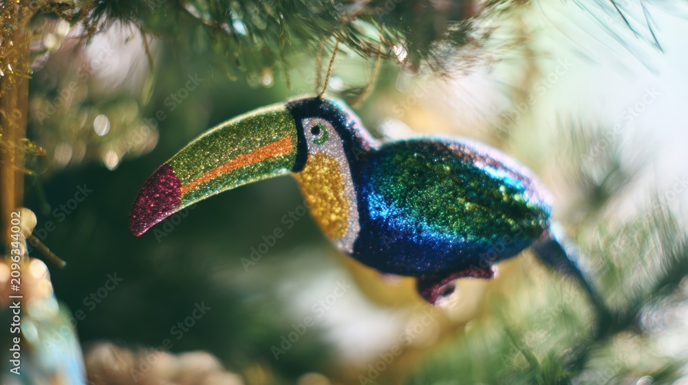 Fototapeta premium Colorful toucan ornament hanging on a Christmas tree during the holiday season