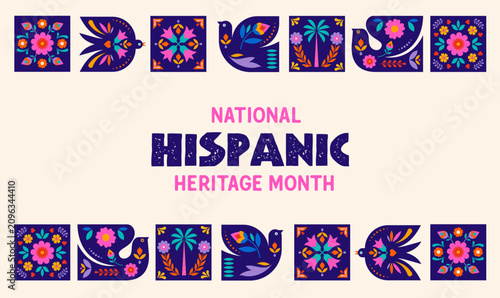 National Hispanic heritage month celebration banner frame background. Colorful retro vector illustration with geometric birds and flowers border.