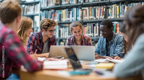 Diverse group of young students studying together with laptops in a bright library on white background