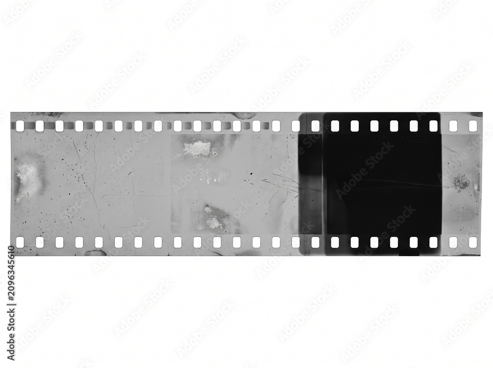 Fototapeta premium Vintage Black and White Analog Film Strip with Sprocket Holes, Translucent Gray Frame, Dark Exposed Section, Dust and Scratches for Retro Cinema Posters and Editorial Backgrounds