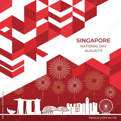 Singapore national day geometric city skyline and fireworks illustration